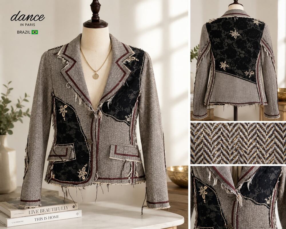 Dance in Paris Brazil Women's Boho Tweed Jacket Lace Embroidered S